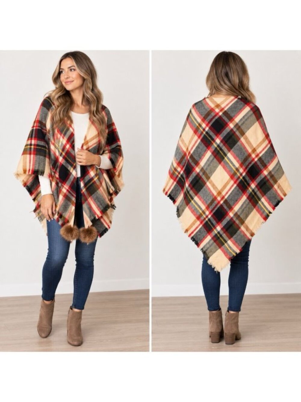 Grace & Lace Plaid Poncho Scarf Wrap Faux Fur Pom Poms Fringe One Size NWT